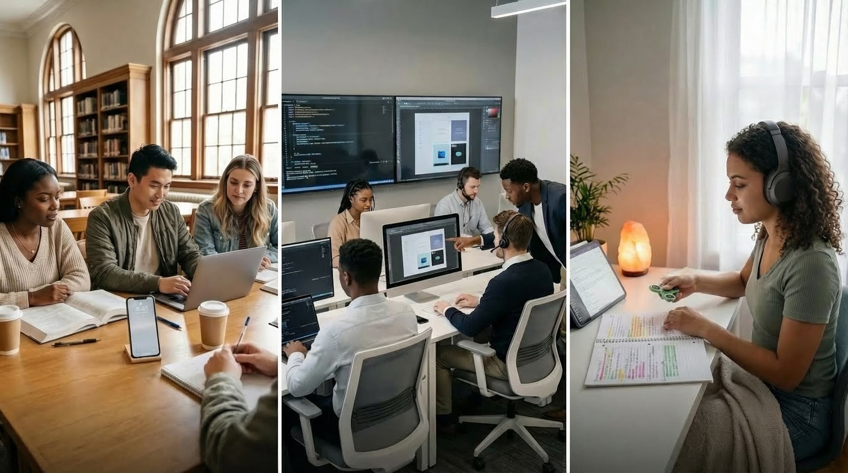 Diverse illustration showing different types of students using Pomodoro technique: college student in dorm, remote learner at home, graduate student in library, medical student studying anatomy, and engineering student working on problem sets