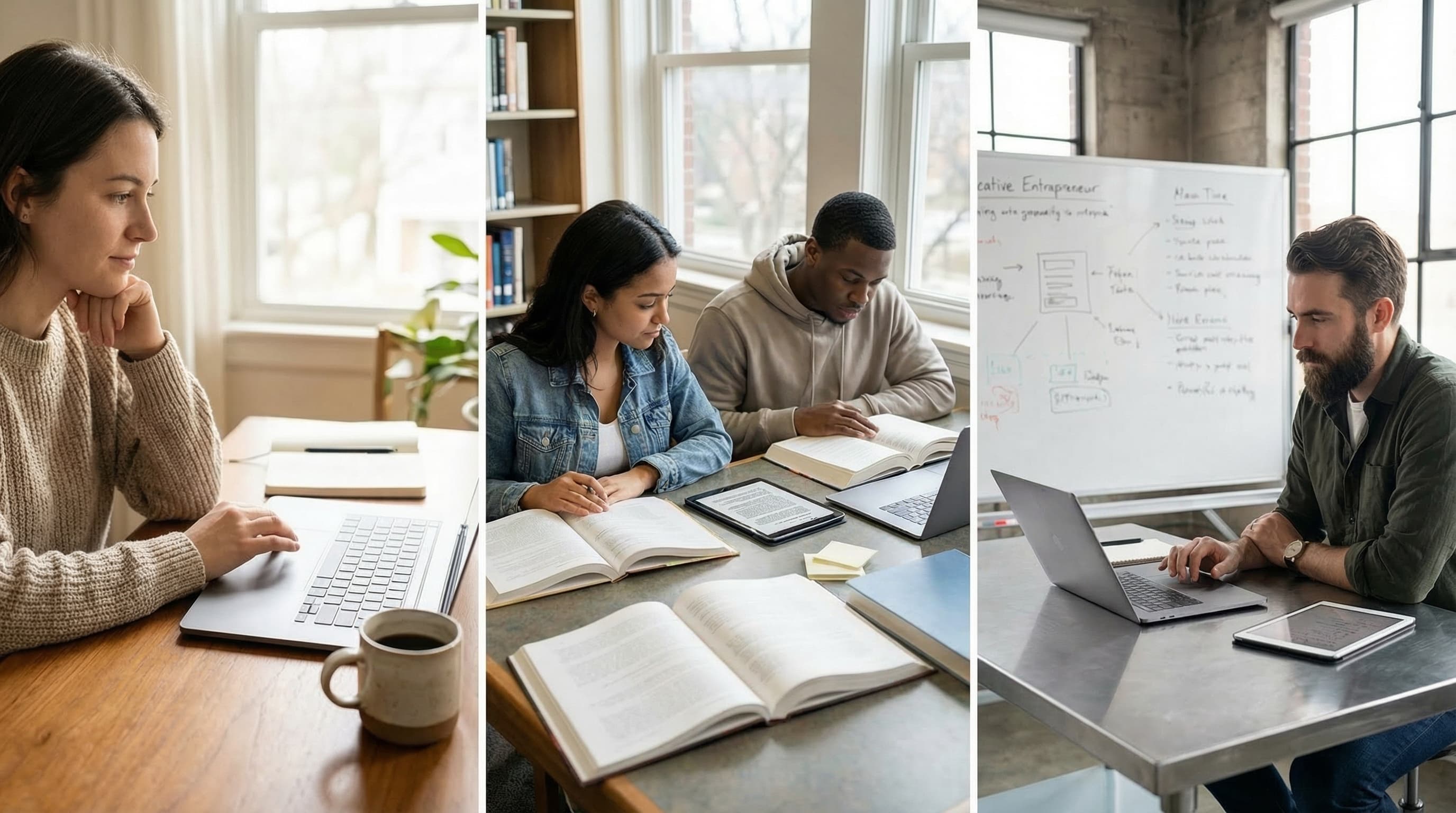 Different work environments and user types Illustration showing five different people working in various settings: home office, study desk, startup workspace, creative studio, and organized workspace